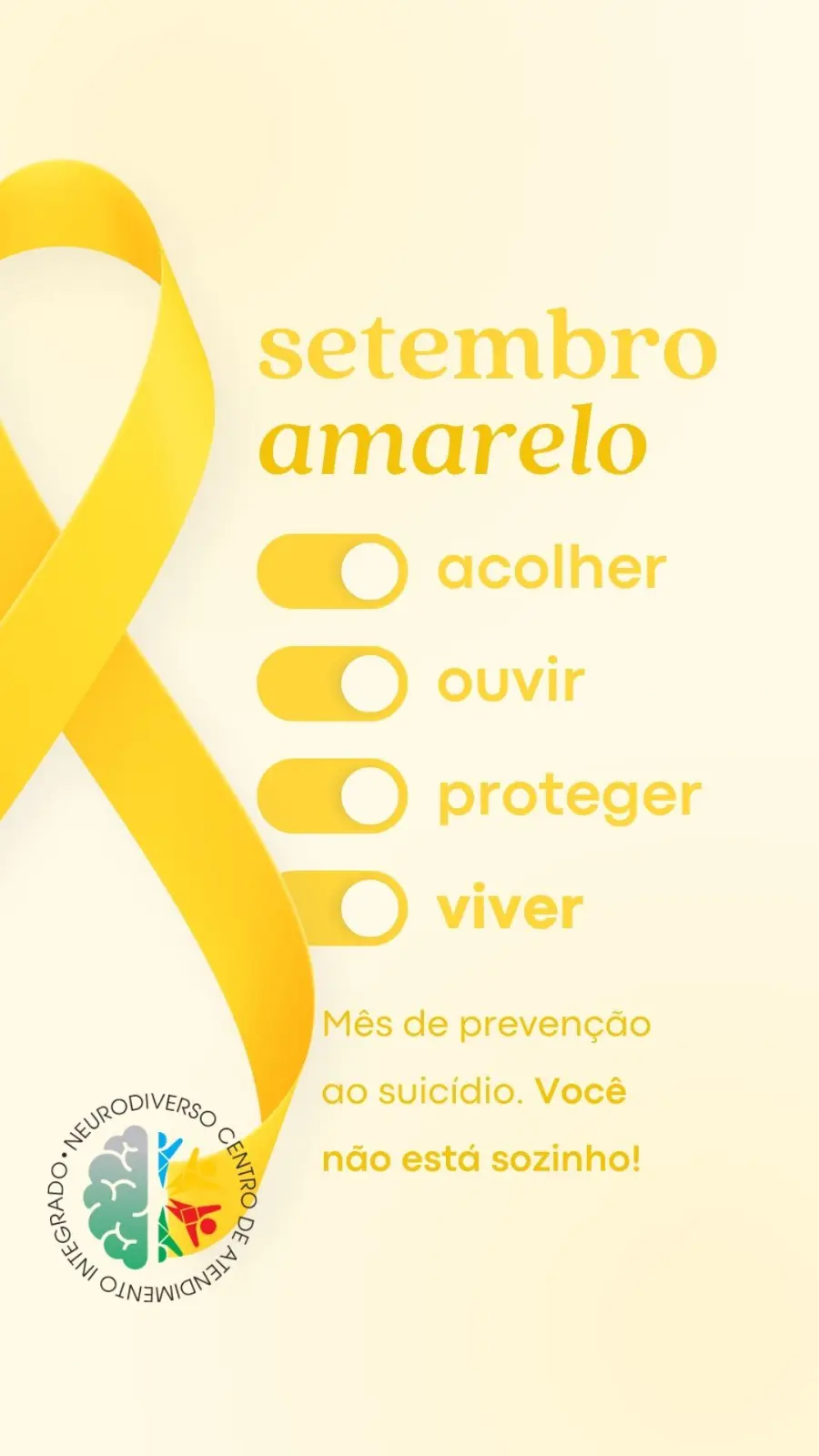 Capa Setembro amar elo: acolher, ouvir, proteger, viver. Mês de prevenção ao suicídio. Você não está sozinho!